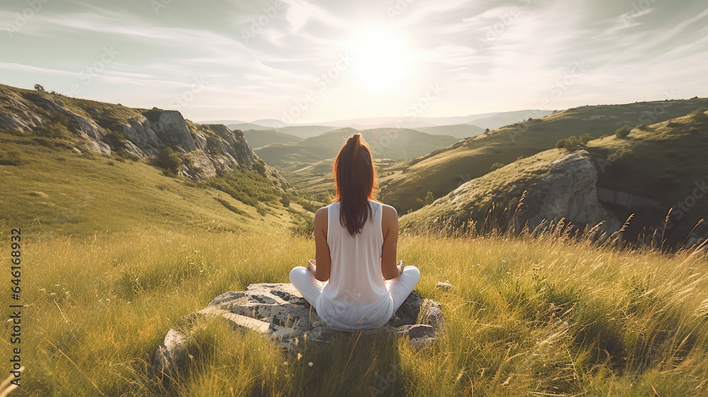 young lady finds inner peace while meditating on a mountaintop during the sunset, her posture in the lotus position.