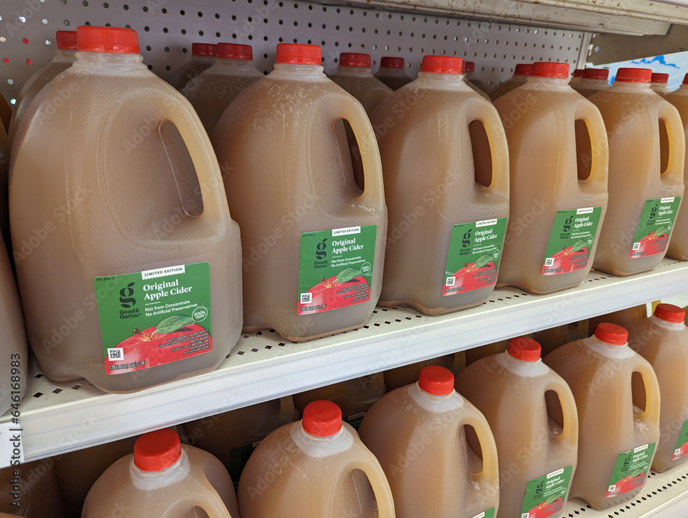 Los Angeles, CA September 10 2023 Display of Apple Cider containers in early fall Stock Photo