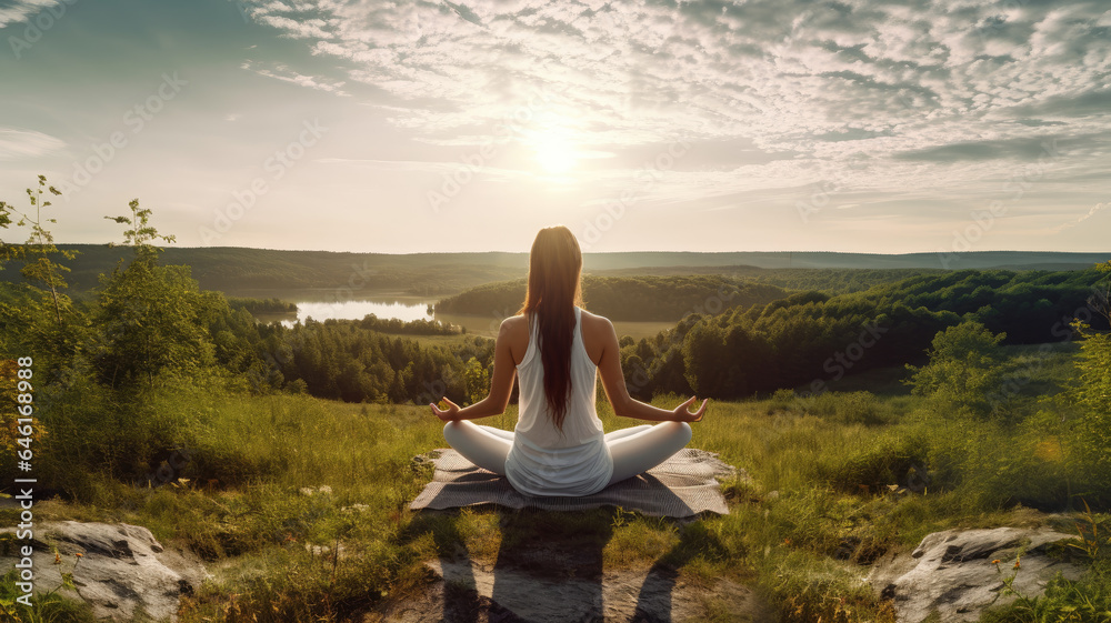 young woman practicing meditation in the lotus position atop a mountain at sunset.