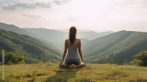 Meditating in the lotus position, a young woman embraces tranquility atop a mountain during the sunset.