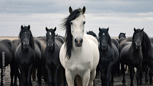 Photo of a single white horse among black horses. © Gary