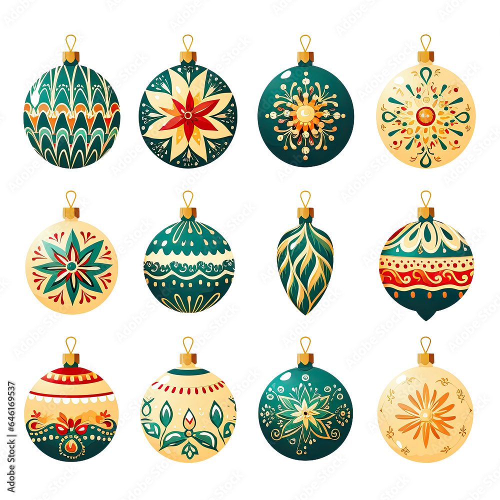 a collection of christmas tree ornaments isolated on a transparent background, generative ai