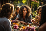 A group of neighbors gathers in a common outdoor space, sharing a picnic and laughter as they exemplify the camaraderie of community living. Generative Ai.
