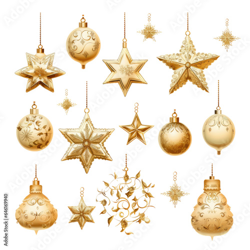 a set of christmas ornaments like stars bells and isolated on a transparent background, generative ai