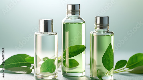 On the clean white surface, there are cosmetic bottles with green liquid inside.