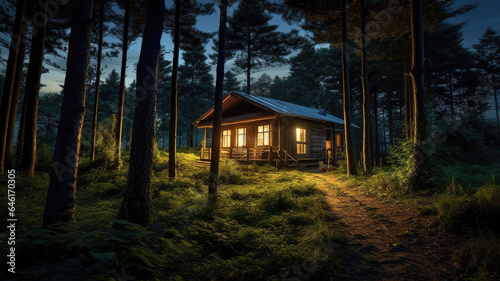 During the night  a cabin rests peacefully in the forest.