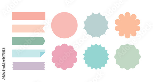 A set of illustrations of decorative icons such as colorful banners, labels, ribbons, flags, and frames. As a design template source, it is used for messages and event contents.