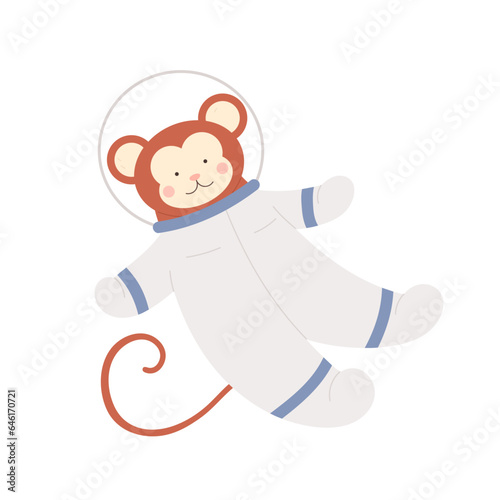 Cute monkey in astronaut costume. Jungle adorable ape exploring universe cartoon vector illustration