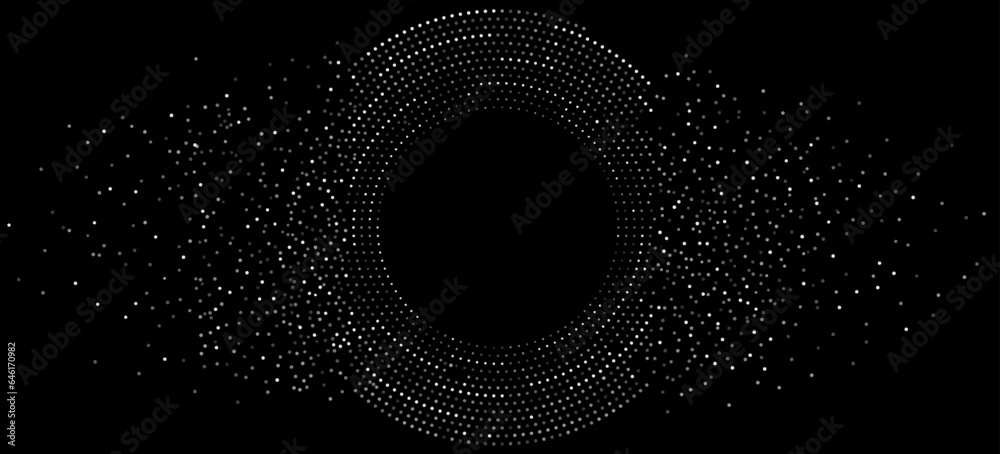 Abstract digital circles of white particles. Big Data visualization into cyberspace. Network Information Decay. Futuristic modern background. Vector illustration. EPS 10.