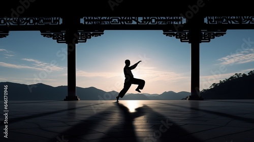Silhouette of a man practicing tai chi at golden hour