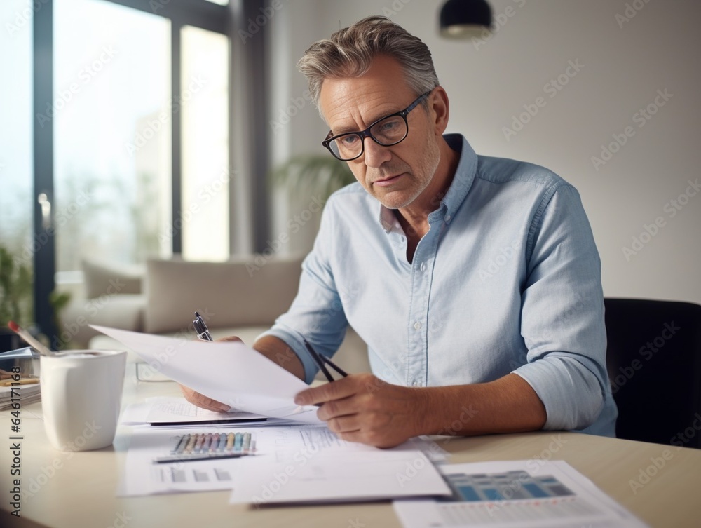Serious and focused financier accountant on paper work inside office, mature man using calculator and laptop for calculating reports and summarizing accounts, businessman at work in ca : Generative AI Serious and focused financier accountant on paper work inside office, mature man using calculator and laptop for calculating reports and summarizing accounts, businessman at work in ca : Generative AI