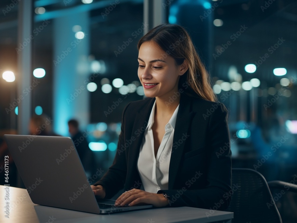 Young happy professional business woman employee sitting at desk working on laptop in modern corporate office interior. Smiling female worker using computer technology typing browsing : Generative AI Young happy professional business woman employee sitting at desk working on laptop in modern corporate office interior. Smiling female worker using computer technology typing browsing : Generative AI