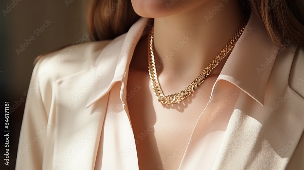 Close-up young woman in light beige jacket wearing golden chain necklace. Modern fashion details. Minimalist lifestyle : Generative AI