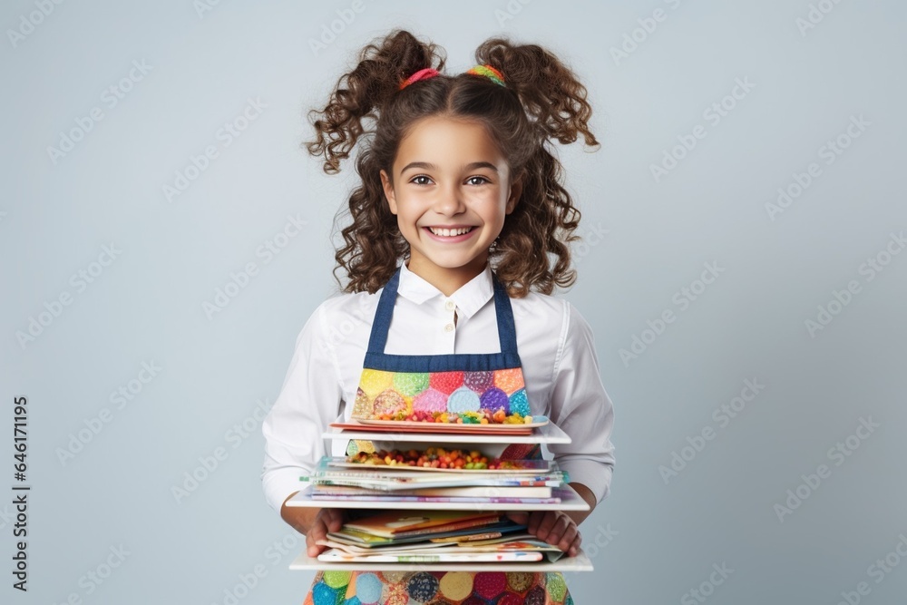 Positive girl in apron balancing a stack of coloring books and looking up from standing on a white background : Generative AI Positive girl in apron balancing a stack of coloring books and looking up from standing on a white background : Generative AI