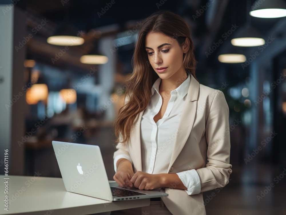 Beautiful young concentrated business woman wearing shirt using laptop while standing in modern workspace : Generative AI