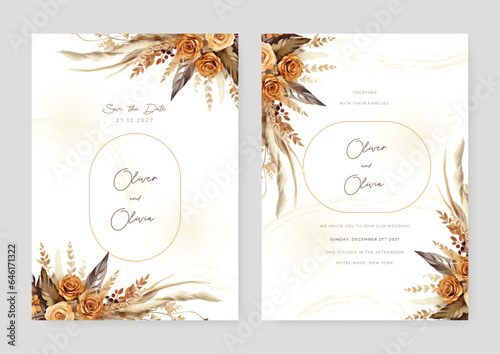 Orange and beige rose modern wedding invitation rustic boho watercolor template with floral and flower