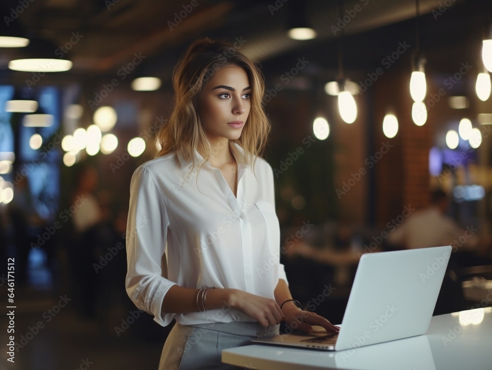 Fototapeta premium Beautiful young concentrated business woman wearing shirt using laptop while standing in modern workspace : Generative AI