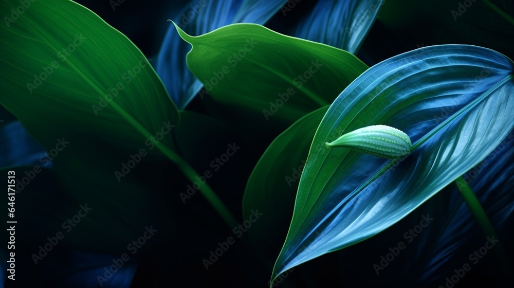 Close-up macro nature exotic bright blue green leave texture tropical Jungle plant spathiphyllum cannifolium in dark background.Curve leaf floral botanical desktop wallpaper,website co : Generative AI Close-up macro nature exotic bright blue green leave texture tropical Jungle plant spathiphyllum cannifolium in dark background.Curve leaf floral botanical desktop wallpaper,website co : Generative AI