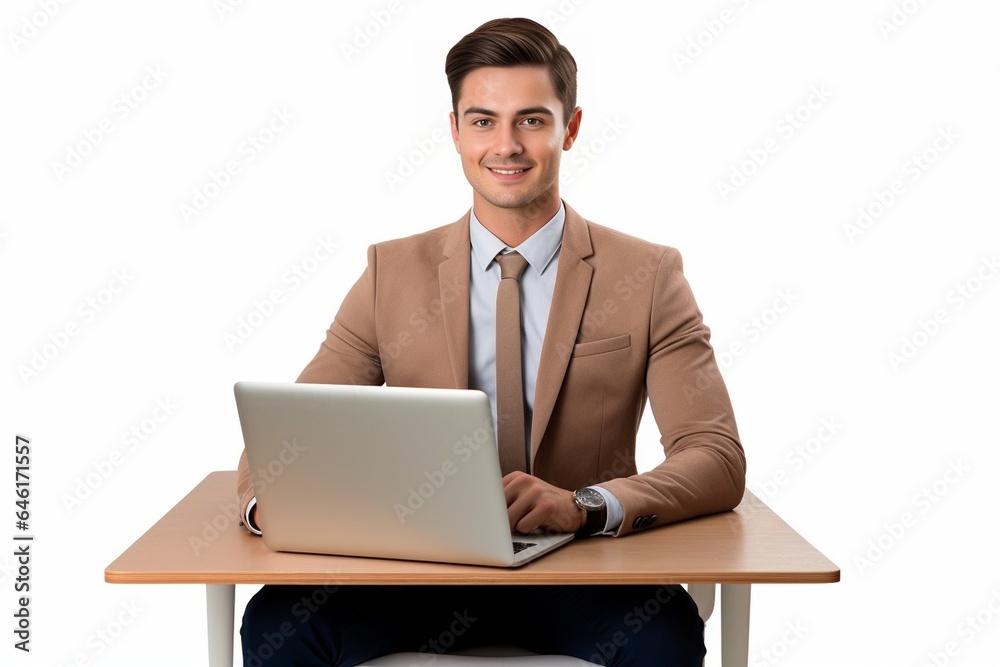 Young smiling businessman sitting in office chair and working on laptop computer isolated on white background : Generative AI Young smiling businessman sitting in office chair and working on laptop computer isolated on white background : Generative AI