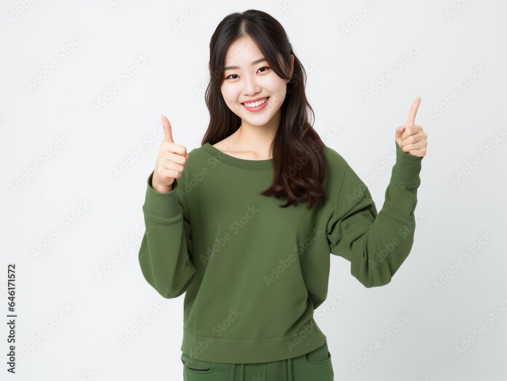 Image of confident asian woman showing thumb up in approval, recommending, like smth good, standing over white background : Generative AI Image of confident asian woman showing thumb up in approval, recommending, like smth good, standing over white background : Generative AI