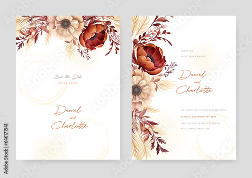 White and red peony modern wedding invitation rustic boho watercolor template with floral and flower