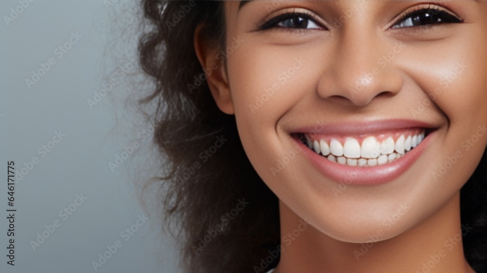 Fototapeta premium Beautiful african american woman face close up teeth smile happy positive : Generative AI