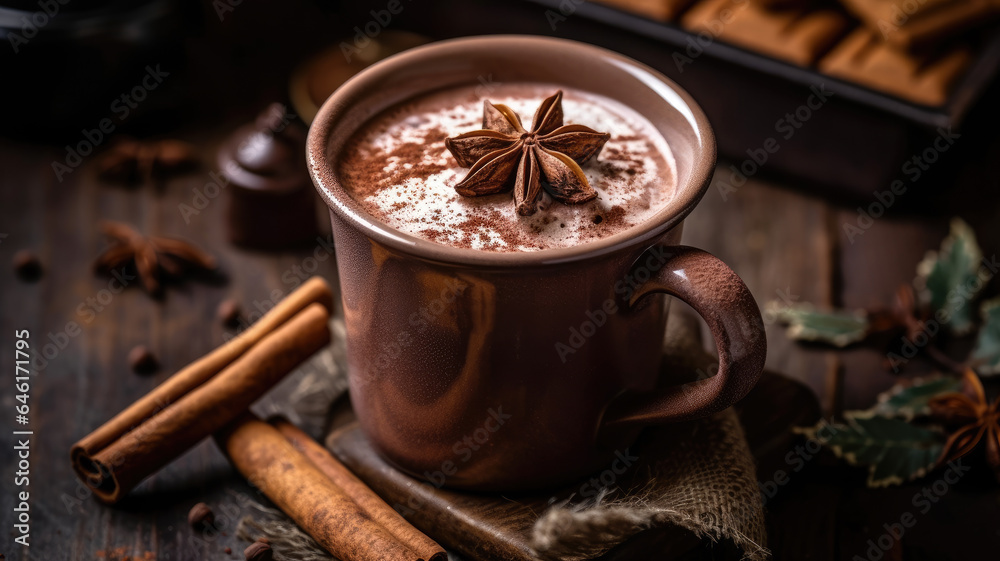 Enjoy a steaming mug of cocoa, complemented by the aromatic flavors of cinnamon and star anise, set on a wooden surface. Enjoy a steaming mug of cocoa, complemented by the aromatic flavors of cinnamon and star anise, set on a wooden surface.