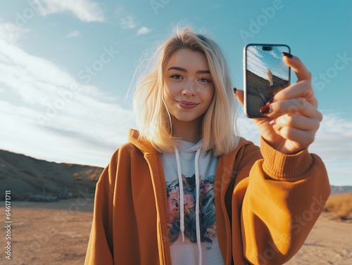 Teenage girl filming video of herself on mobile phone : Generative AI