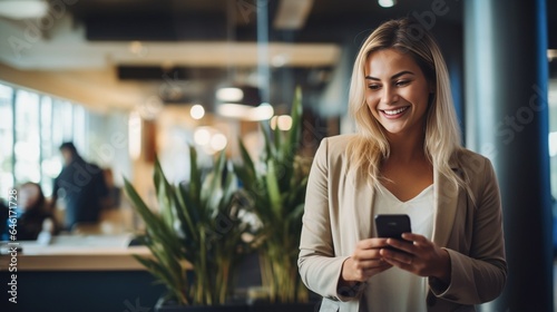 Smiling businesswoman using her phone in the office. Small business entrepreneur looking at her mobile phone and smiling while communicating with her office colleagues : Generative AI