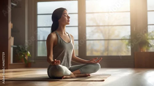 Fototapeta na wymiar Tranquil young asian female in sportswear with closed eyes and namaste hands meditating while practicing yoga in light living room at home : Generative AI