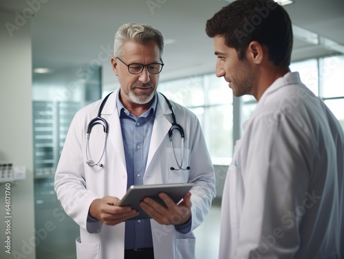 Doctor  healthcare and medicine with a patient talking test results and progress on a tablet in a hospital clinic. Trust  help and medical consulting with a professional medicare worke   Generative AI