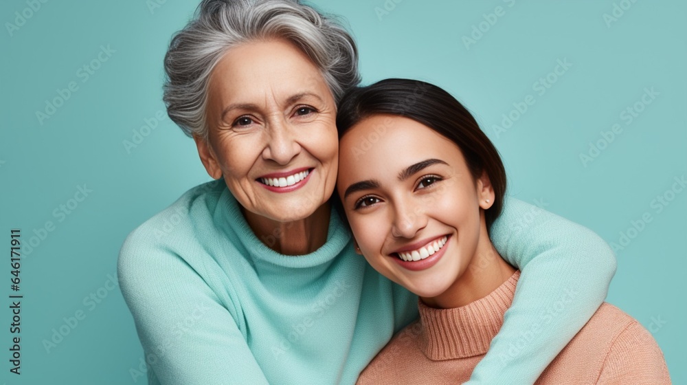 Cheerful lovely fun satisfied elder parent mom with young adult daughter two women together wearing casual clothes hugging cuddle look camera isolated on plain blue cyan background. Fa : Generative AI Cheerful lovely fun satisfied elder parent mom with young adult daughter two women together wearing casual clothes hugging cuddle look camera isolated on plain blue cyan background. Fa : Generative AI