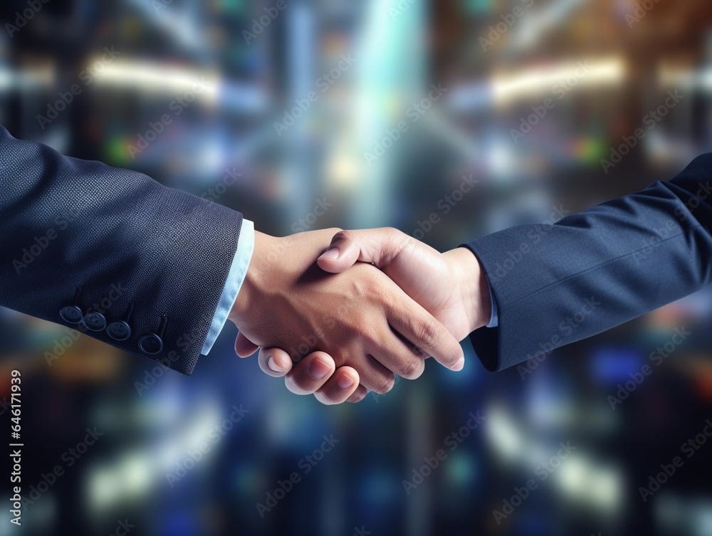 Businessmen making handshake with partner, greeting, dealing, merger and acquisition, business cooperation concept, joint venture, copy space for business, finance and investment backg : Generative AI