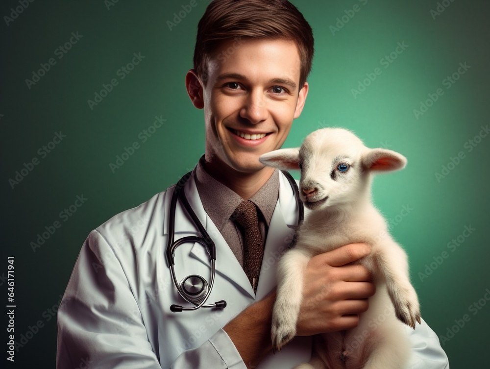 Veterinarian connected to animals. Curious little lamb jumping on domestic animal doctor. : Generative AI Veterinarian connected to animals. Curious little lamb jumping on domestic animal doctor. : Generative AI