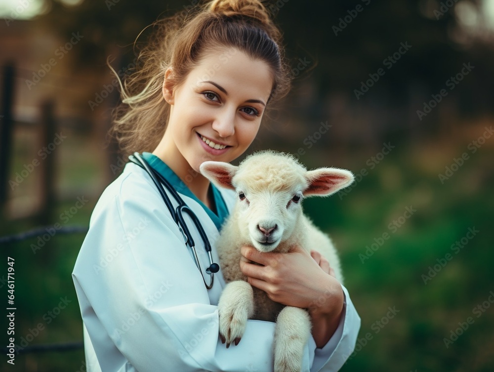 Lamb, baby animal and vet woman at a farm or zoo for health and wellness of farming animals with care and medical help. Veterinary, nurse or doctor in countryside for healthcare of she : Generative AI Lamb, baby animal and vet woman at a farm or zoo for health and wellness of farming animals with care and medical help. Veterinary, nurse or doctor in countryside for healthcare of she : Generative AI