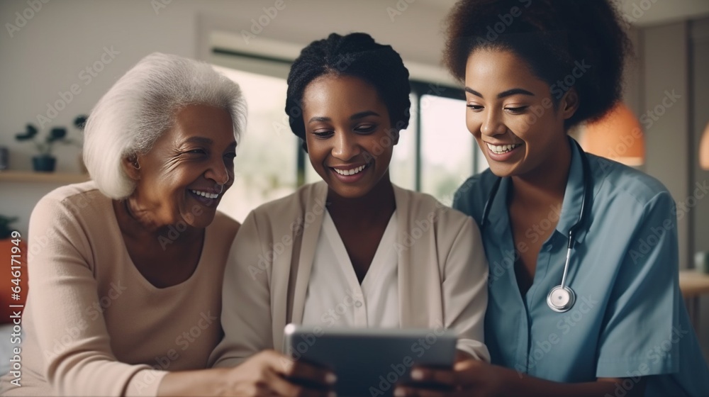 Black woman, doctor and elderly patient with good news, tablet and results for health, advice and report. Happy african medic, mobile touchscreen or healthcare with smile, tech or supp : Generative AI Black woman, doctor and elderly patient with good news, tablet and results for health, advice and report. Happy african medic, mobile touchscreen or healthcare with smile, tech or supp : Generative AI