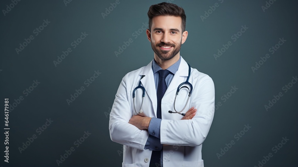 Healthcare, medical staff concept. Portrait of smiling male doctor posing with folded arms on grey studio background, free space. Professional general practitioner. : Generative AI Healthcare, medical staff concept. Portrait of smiling male doctor posing with folded arms on grey studio background, free space. Professional general practitioner. : Generative AI