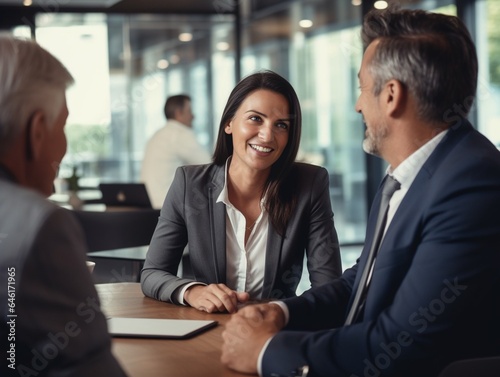 Smiling mature couple meeting with bank manager for investment. Mid adult woman with husband listening to businessman during meeting in conference room. Middle aged couple meeting loan : Generative AI