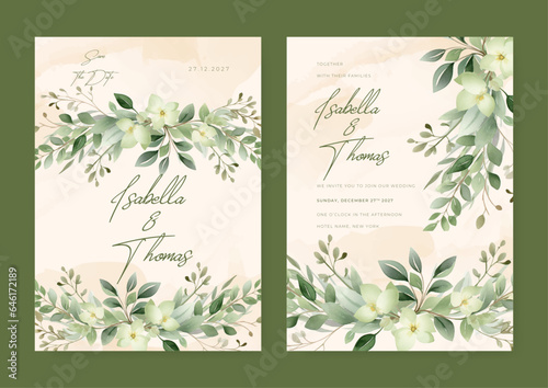 White and green orchid modern wedding invitation rustic boho watercolor template with floral and flower