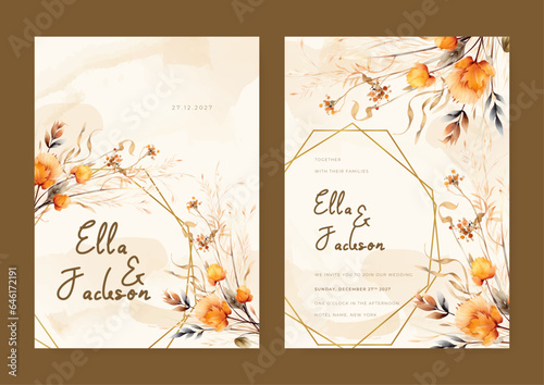 Orange cosmos modern wedding invitation rustic boho watercolor template with floral and flower