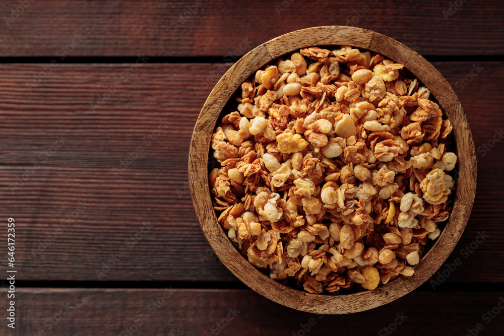 Nutty Granola Snack on Wooden Boards. Top View Nutty Granola Snack on Wooden Boards. Top View