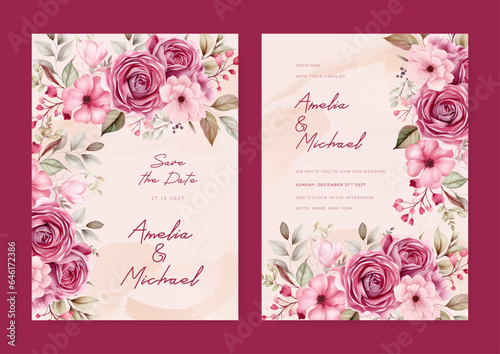 Pink rose modern wedding invitation rustic boho watercolor template with floral and flower