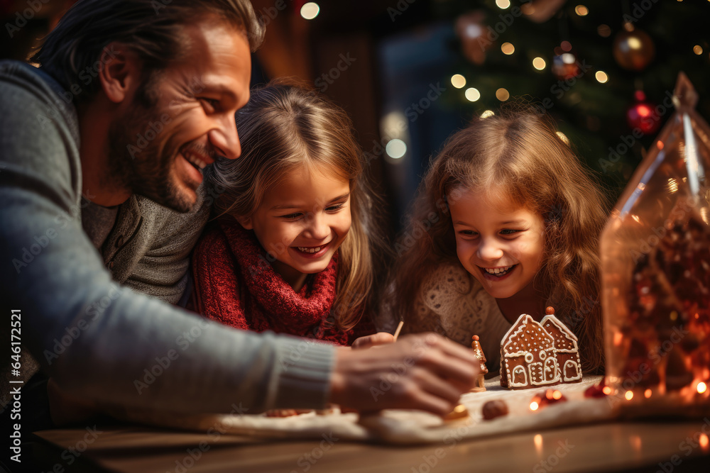 Fototapeta premium A family engages in the festive activity of decorating gingerbread houses, creating edible works of art that become a centerpiece of holiday decor. Generative Ai.