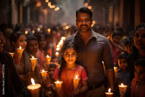 A family participates in a candlelight procession during Diwali, observing the Hindu tradition of celebrating light over darkness. Generative Ai.