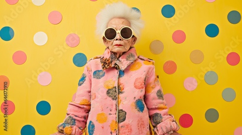Studio Portrait Photograph  Fun Elderly Asian Woman  Pop Art  Arty  Bright Colors  Spots Polkadots  Funny fashion  Polyester Wonderland  Weird fashion  Clown like clothing  carnival mood  glasses