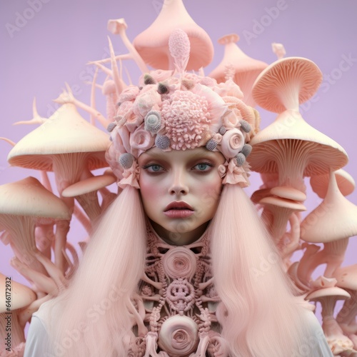 Psychedelic Mushrooms, Intricate Details, Pink Weird Surreal Fashion Studio Portrait, Pink Hair, Pop Art, LowBrow, Weird Barbie, Model in odd scene, Large than Life, Alice in Wonderland Mood, odd face
