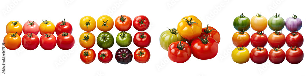 Png Set Various colored tomatoes on a transparent background