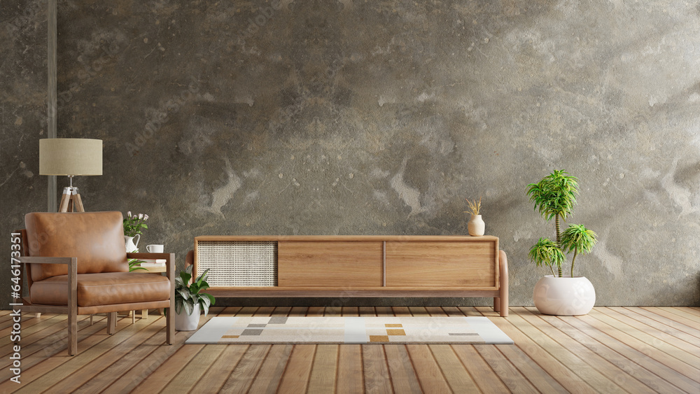 Living room interior have cabinet for tv and leather armchair in cement ...