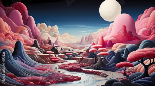Surreal Dream Scape inspired by 3D art - imaginary canyon, valley with a shades of pink and black  (Generative AI)