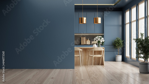 Mockup dark blue wall in kitchen and minimalist interior design.